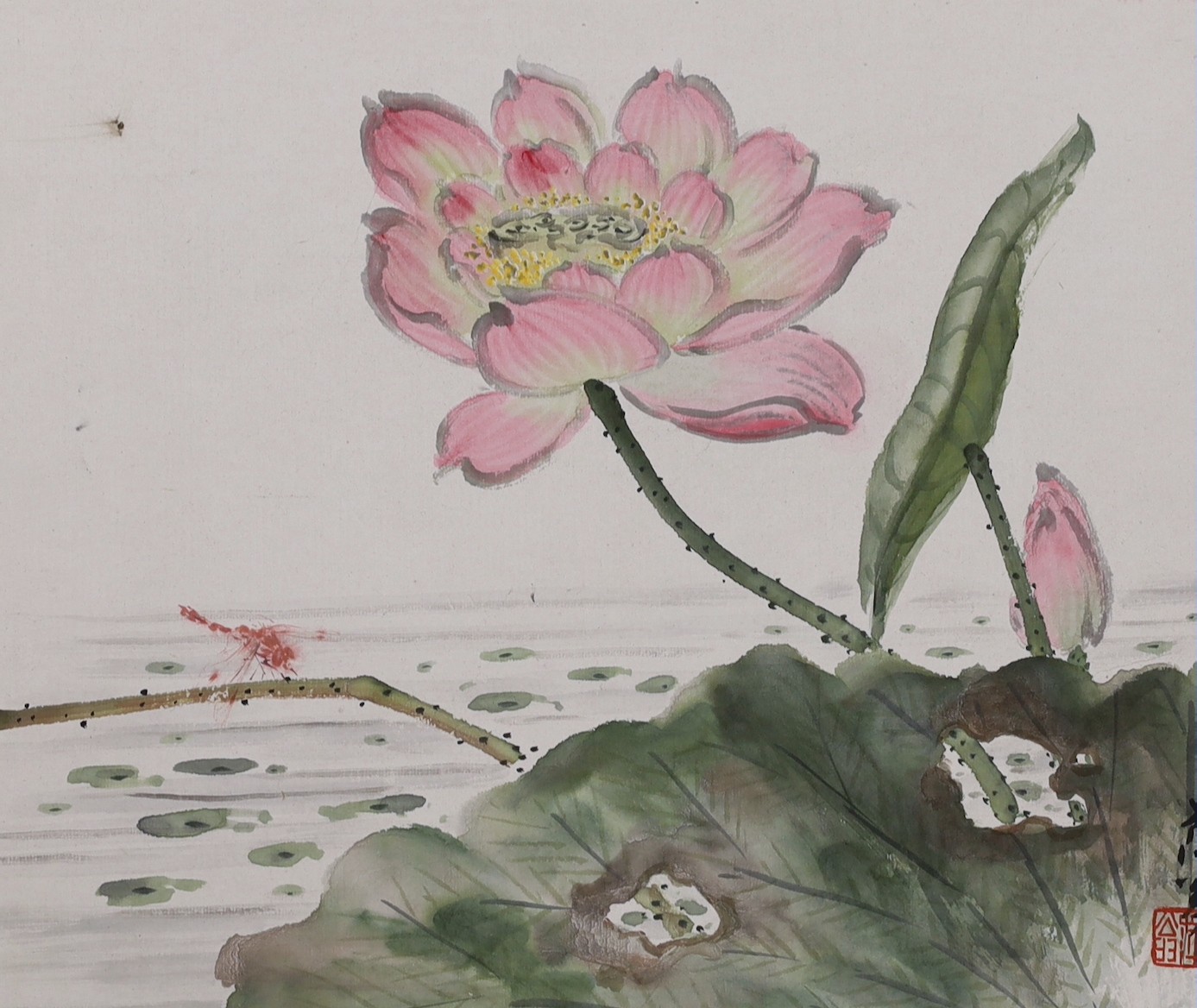 Chinese School, late 20th century, two colour woodblocks on paper, insects or birds and flowers, 25 x 30cm